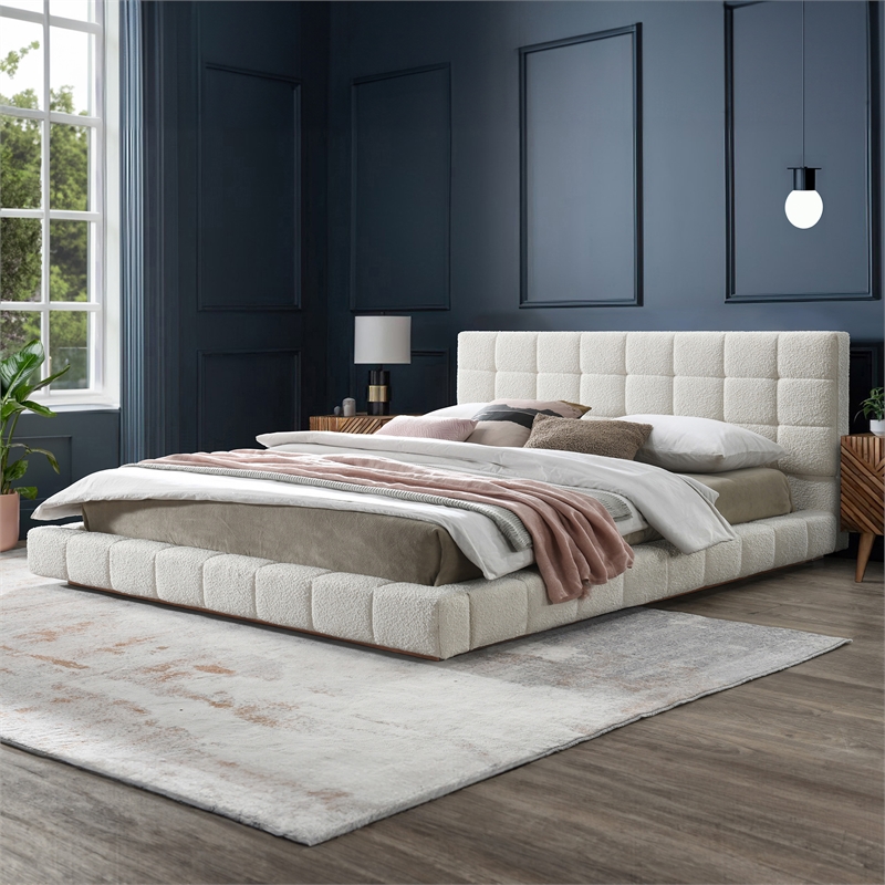 Claire Upholstered Mid-Century Fabric King Platform Bed in Ivory