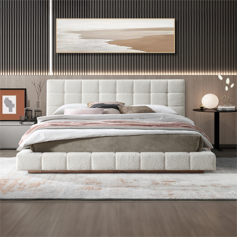 Claire Upholstered Mid-Century Fabric King Platform Bed in Ivory