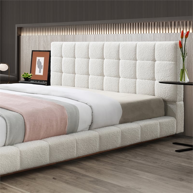 Claire Upholstered Mid-Century Fabric King Platform Bed in Ivory