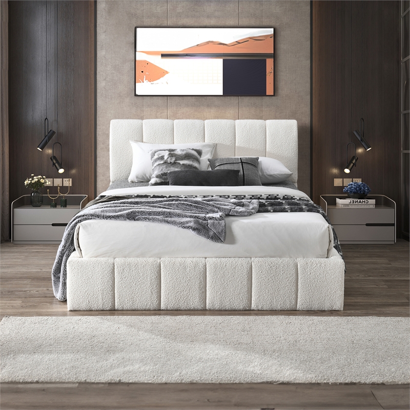 Larson Upholstered Fabric & Solid Wood Queen Platform Bed in White