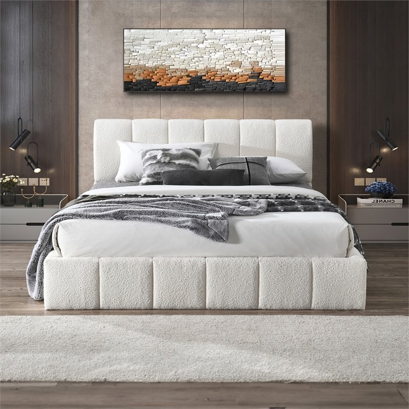 Larson Upholstered Fabric & Solid Wood King Platform Bed in White