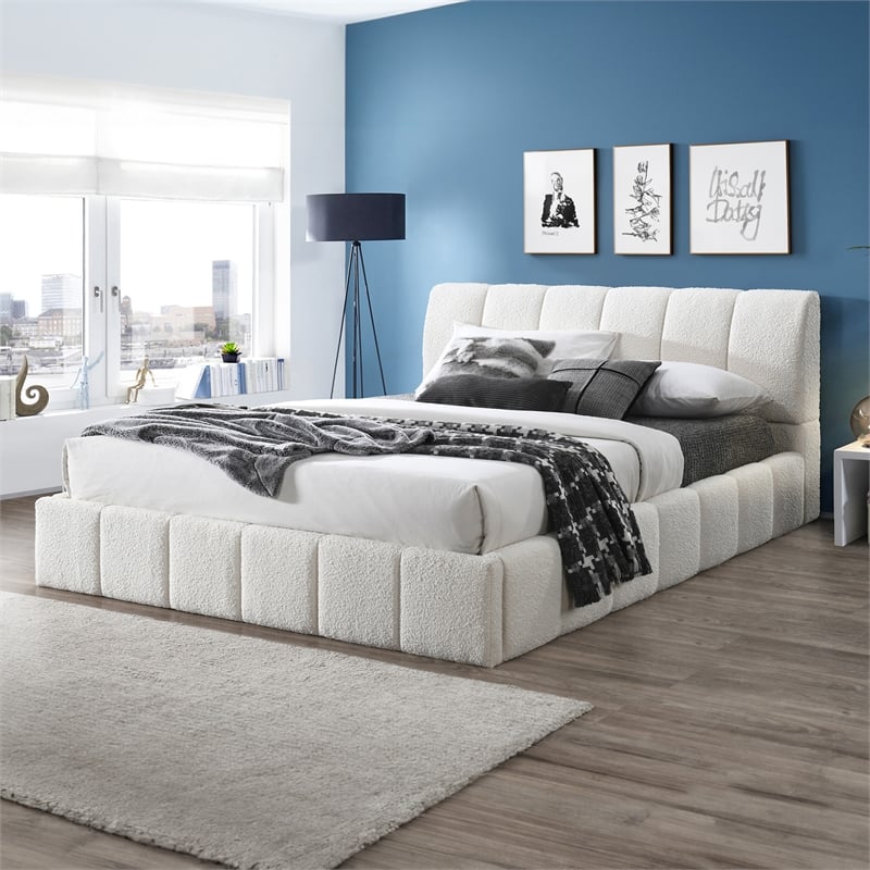Larson Upholstered Fabric & Solid Wood King Platform Bed in White