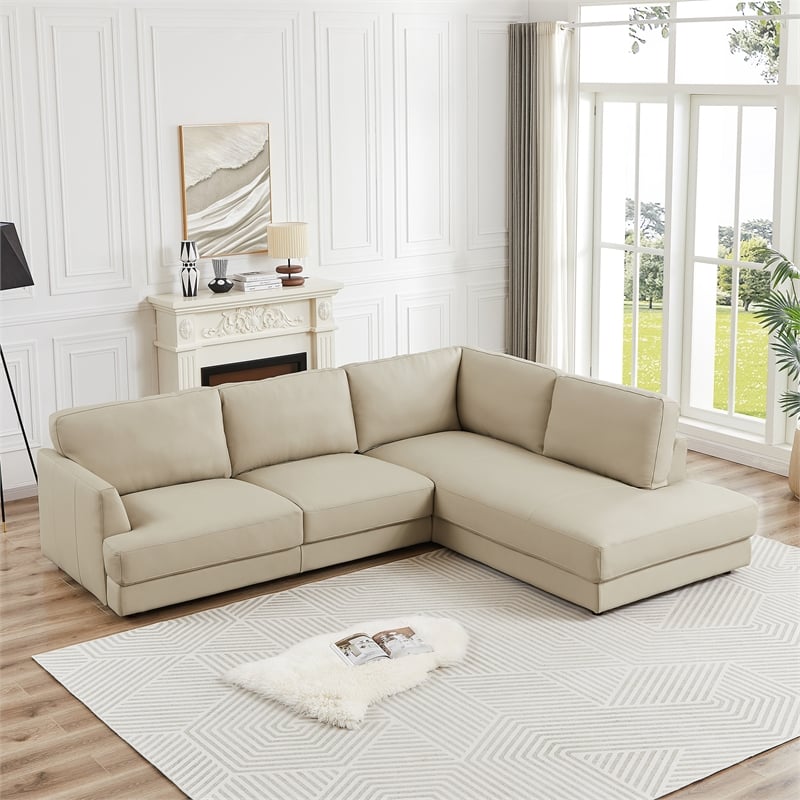 Griffith Upholstered Right-Facing Leather Sectional Sofa in Cream