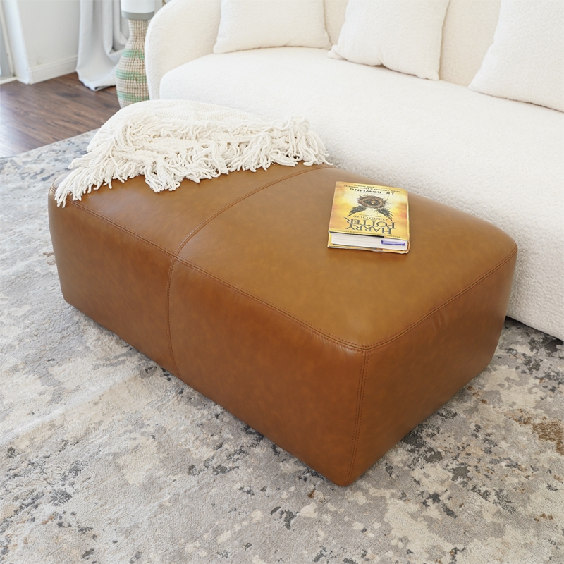 Colby Modern Living Room Tan Genuine Leather Rectangle Ottoman