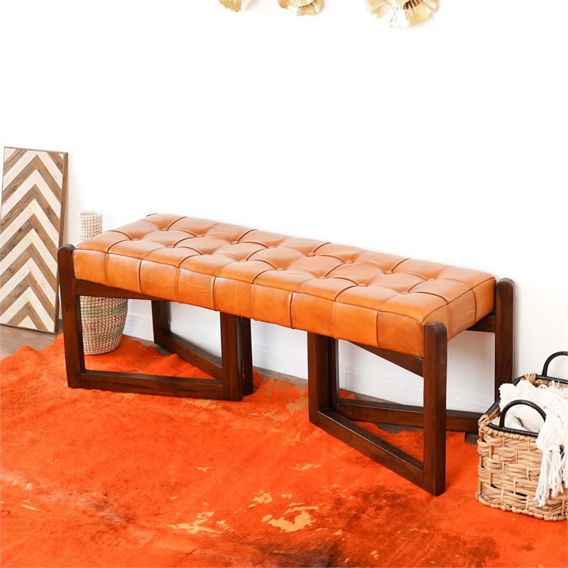 Pearland Mid-Century Modern Upholstered Leather Bench in Tan