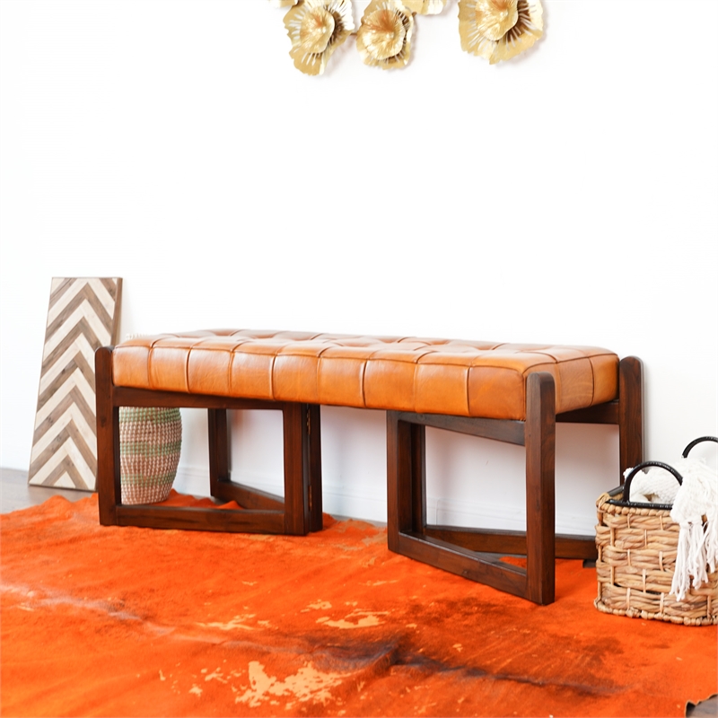 Pearland Mid-Century Modern Upholstered Leather Bench in Tan