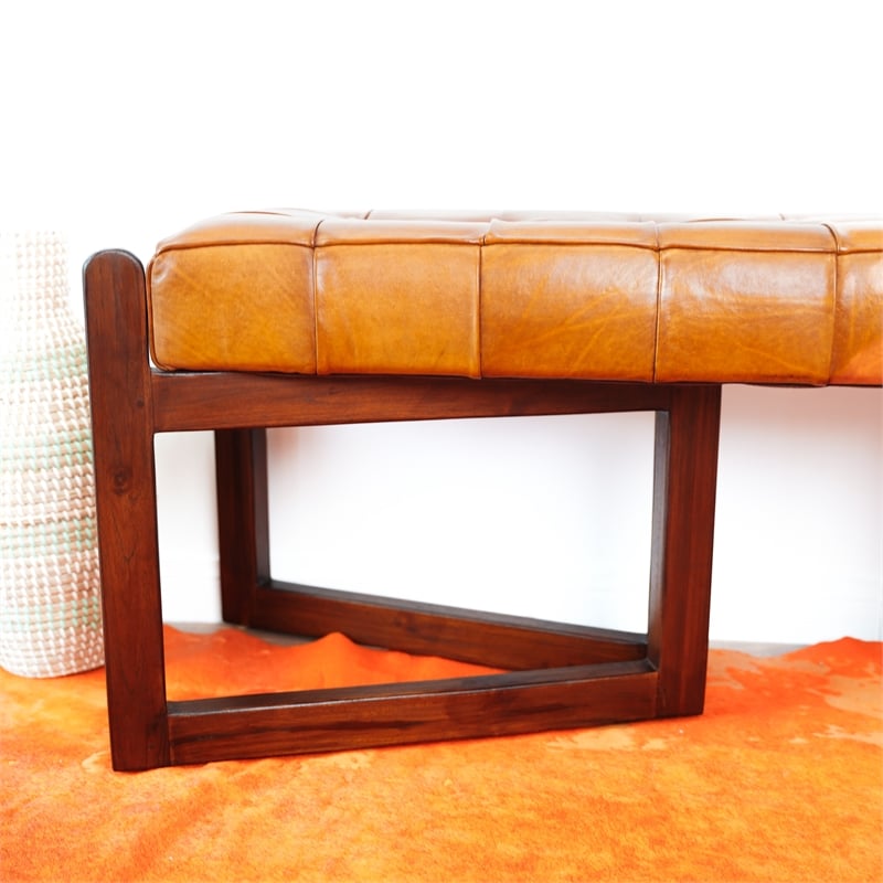 Pearland Mid-Century Modern Upholstered Leather Bench in Tan