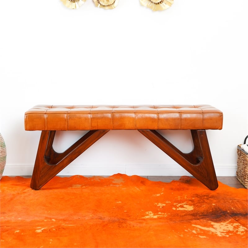 Mid-Century Modern Upholstered Leather Bench in Tan