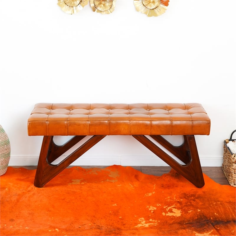 Mid-Century Modern Upholstered Leather Bench in Tan
