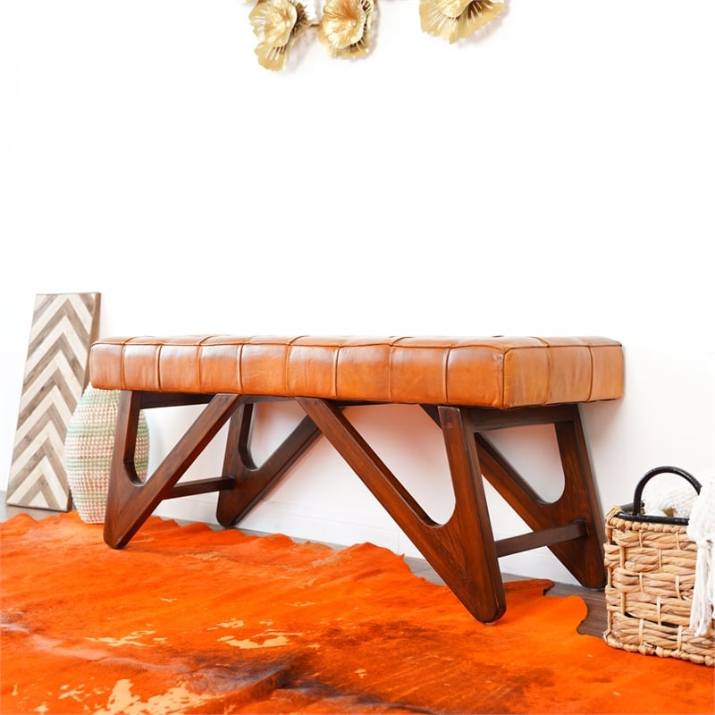 Mid-Century Modern Upholstered Leather Bench in Tan
