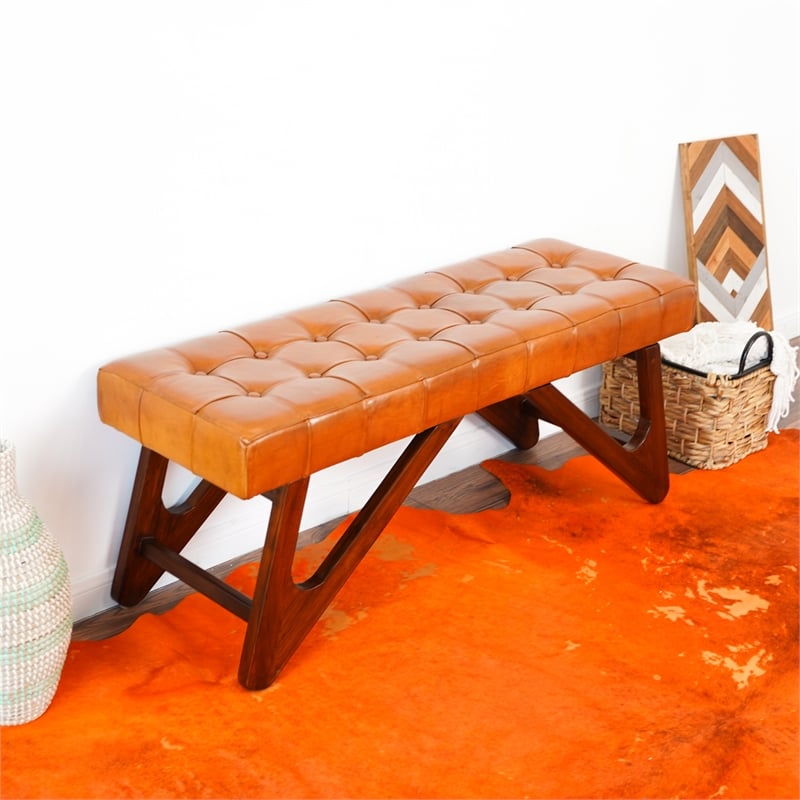 Mid-Century Modern Upholstered Leather Bench in Tan