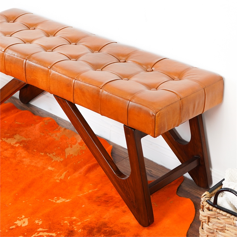 Mid-Century Modern Upholstered Leather Bench in Tan