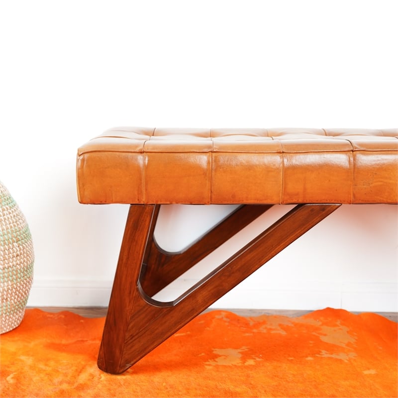 Mid-Century Modern Upholstered Leather Bench in Tan