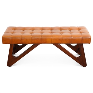 Mid-Century Modern Upholstered Leather Bench in Tan