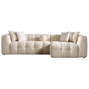 Phoenix Mid Century Living Room Puffy Sectional Fabric Sofa in Ivory Boucle