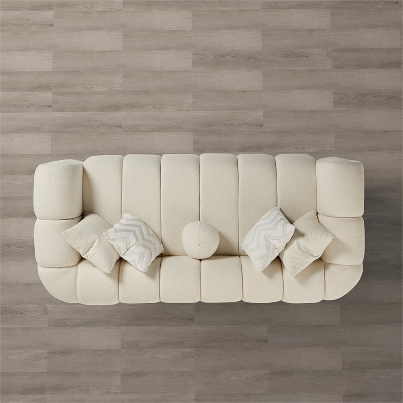 Columbus Mid Century Modern Living Room Puffy Fabric Sofa in Ivory Boucle