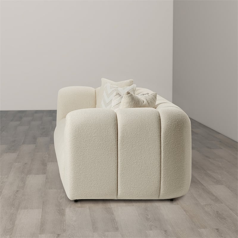 Columbus Mid Century Modern Living Room Puffy Fabric Sofa in Ivory Boucle