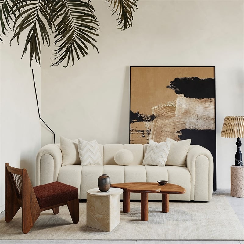 Columbus Mid Century Modern Living Room Puffy Fabric Sofa in Ivory Boucle