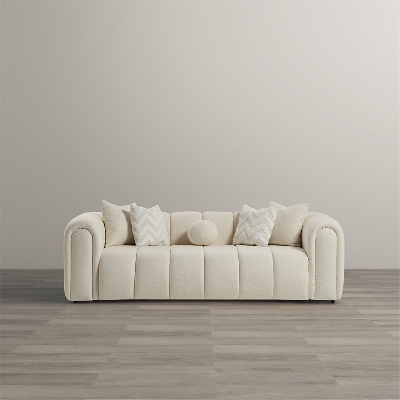 Columbus Mid Century Modern Living Room Puffy Fabric Sofa in Ivory Boucle
