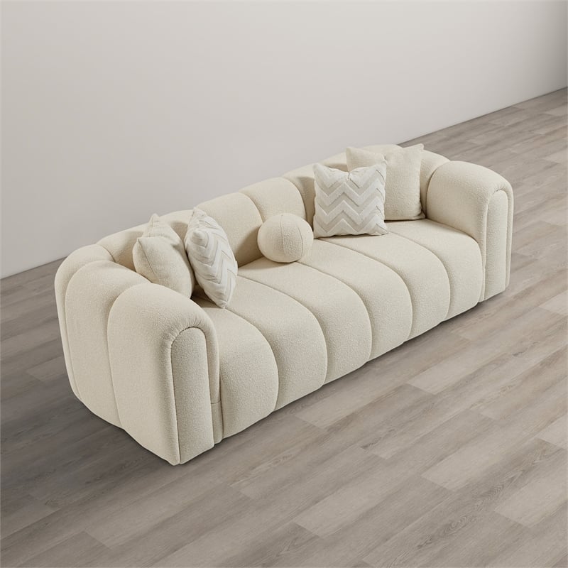 Columbus Mid Century Modern Living Room Puffy Fabric Sofa in Ivory Boucle