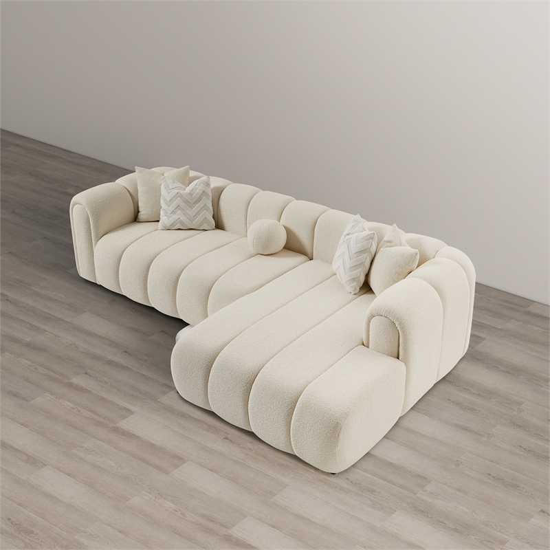Columbus Mid Century Living Room Puffy Sectional Fabric Sofa in Ivory Boucle