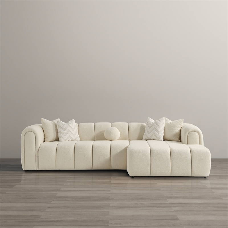 Columbus Mid Century Living Room Puffy Sectional Fabric Sofa in Ivory Boucle