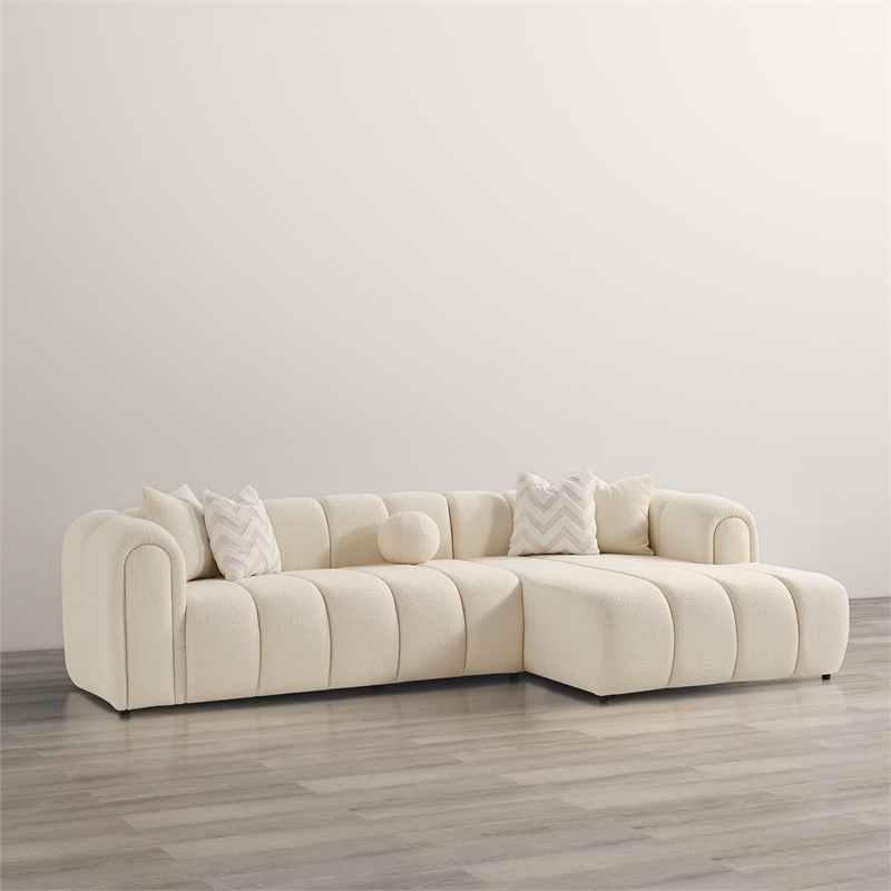 Columbus Mid Century Living Room Puffy Sectional Fabric Sofa in Ivory Boucle