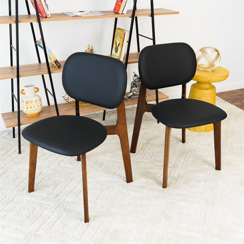 Korel Mid Century Modern Dining Chairs in Black Vegan Leather (Set of 2)