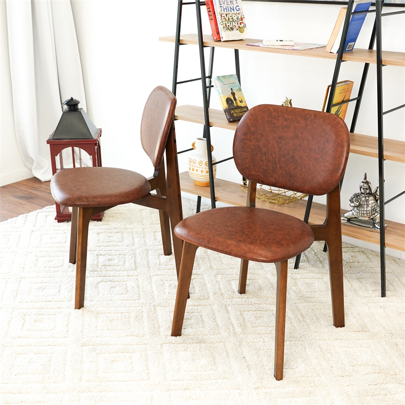 Korel Mid Century Modern Dining Chairs in Brown Vegan Leather (Set of 2)