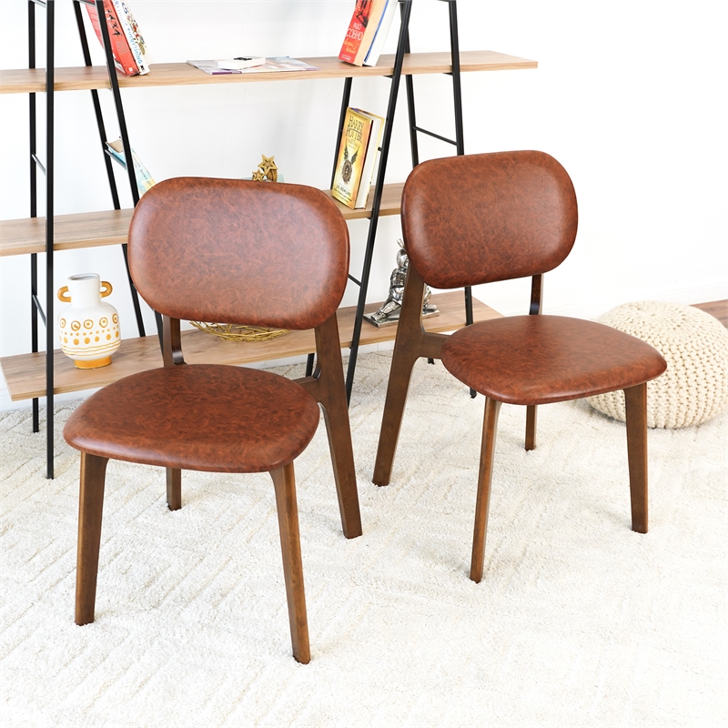 Korel Mid Century Modern Dining Chairs in Brown Vegan Leather (Set of 2)