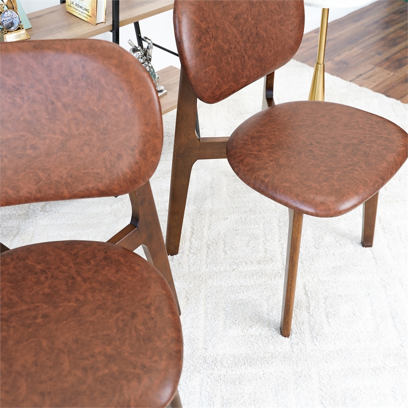 Korel Mid Century Modern Dining Chairs in Brown Vegan Leather (Set of 2)