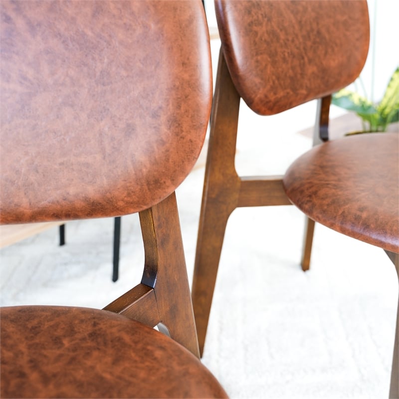 Korel Mid Century Modern Dining Chairs in Brown Vegan Leather (Set of 2)
