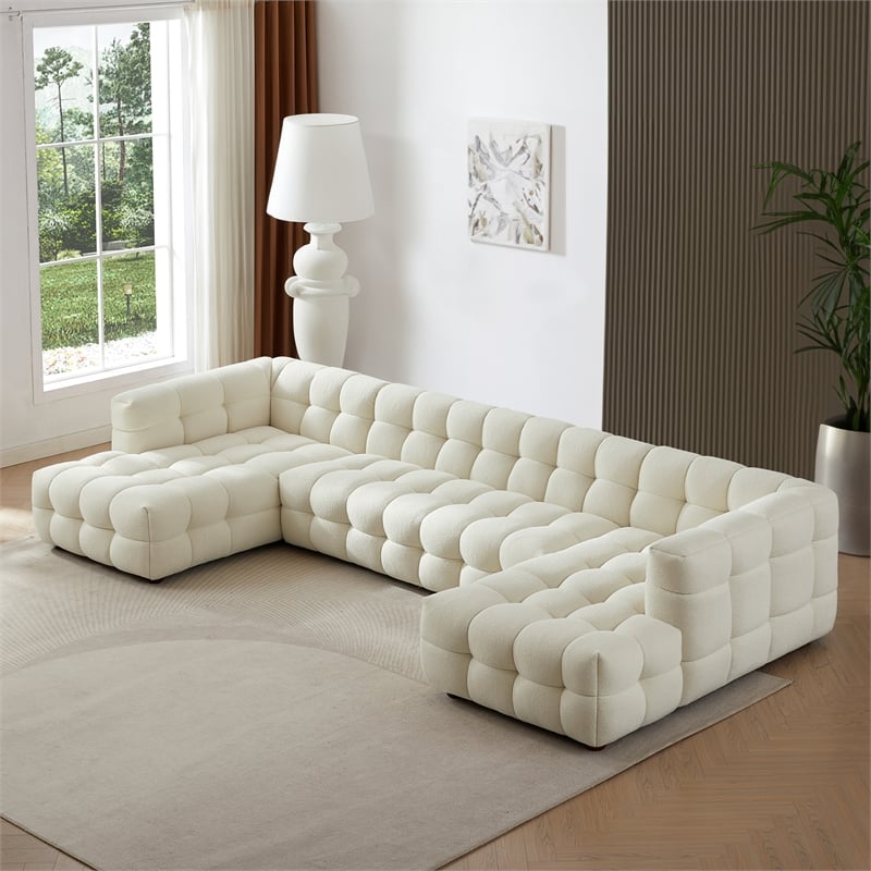 Hollis Mid Century Living Room U Shape Corner Fabric Sofa in Cream Boucle