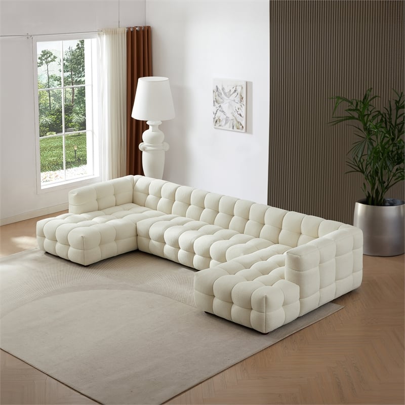 Hollis Mid Century Living Room U Shape Corner Fabric Sofa in Cream Boucle
