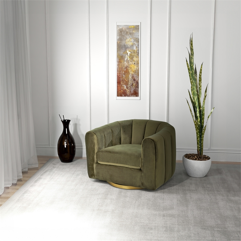 Chaldon Modern Living Room Round Back Velvet Swivel Chair in Green