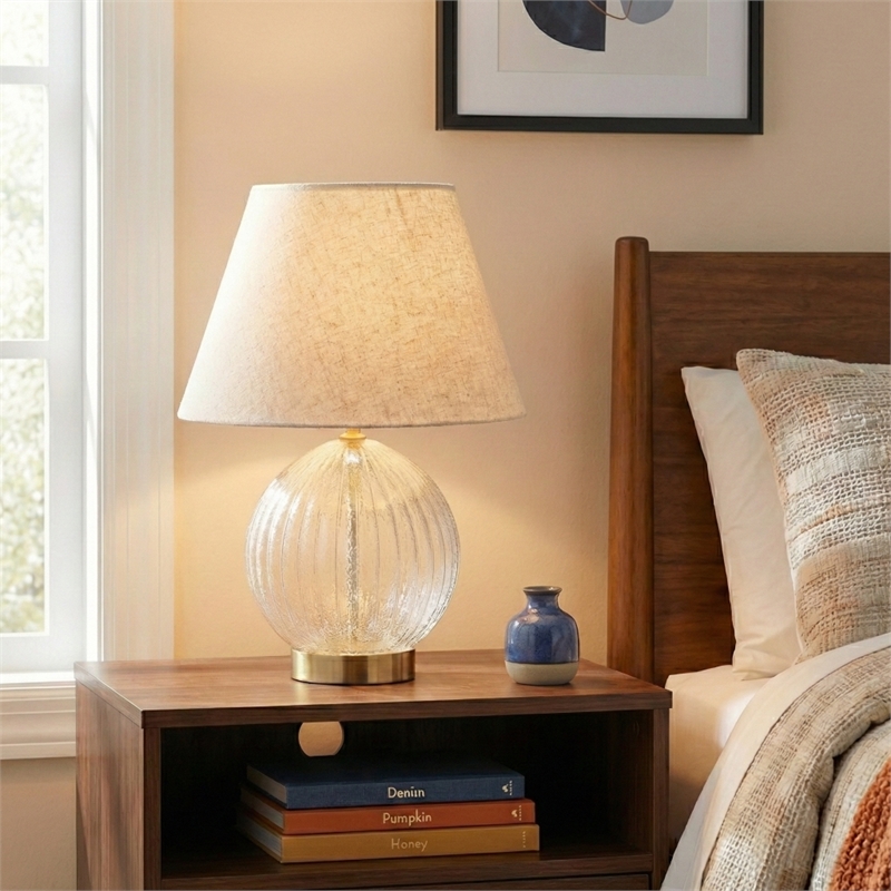 Tranquil Glow Serenity Round Ribbed Glass&Metal Brass Table Lamp