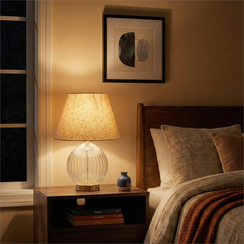 Tranquil Glow Serenity Round Ribbed Glass&Metal Brass Table Lamp
