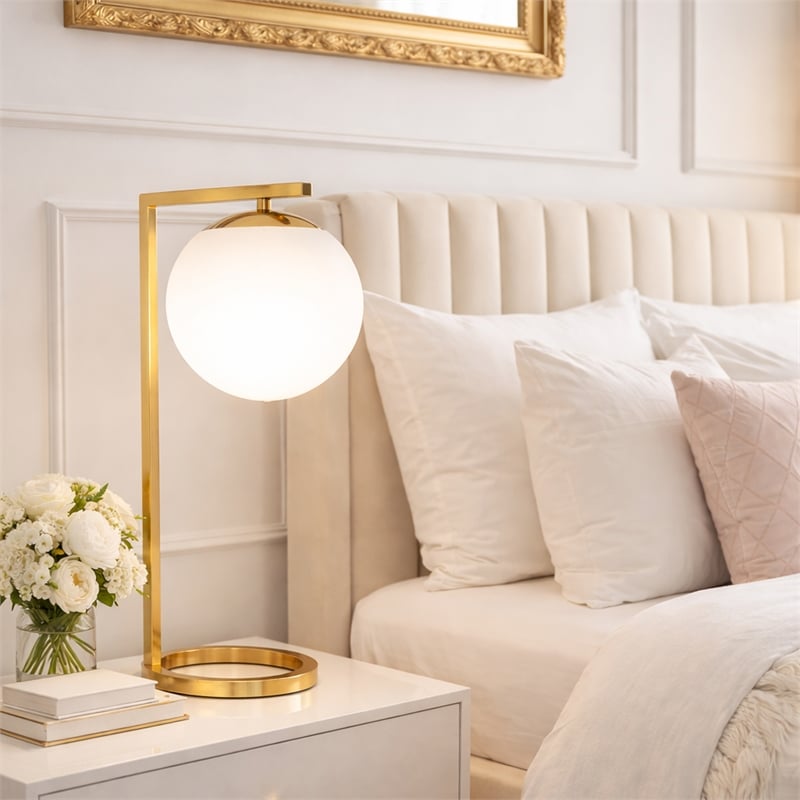 Enigmatic Glow Velvet Globe Brass Metal Table Lamp