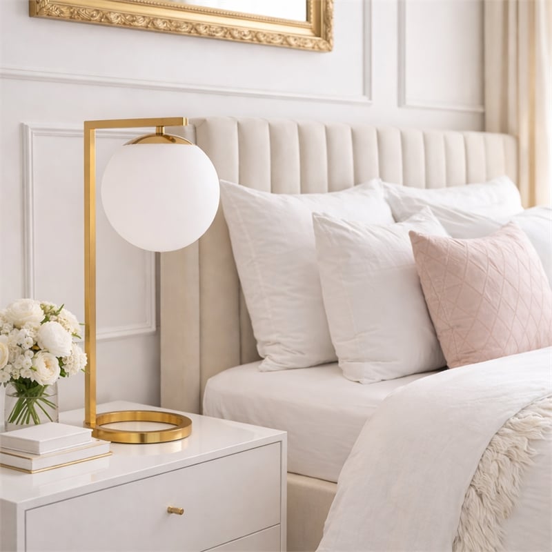Enigmatic Glow Velvet Globe Brass Metal Table Lamp