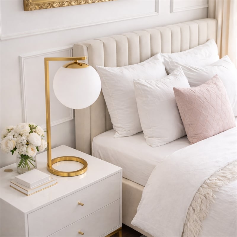 Enigmatic Glow Velvet Globe Brass Metal Table Lamp