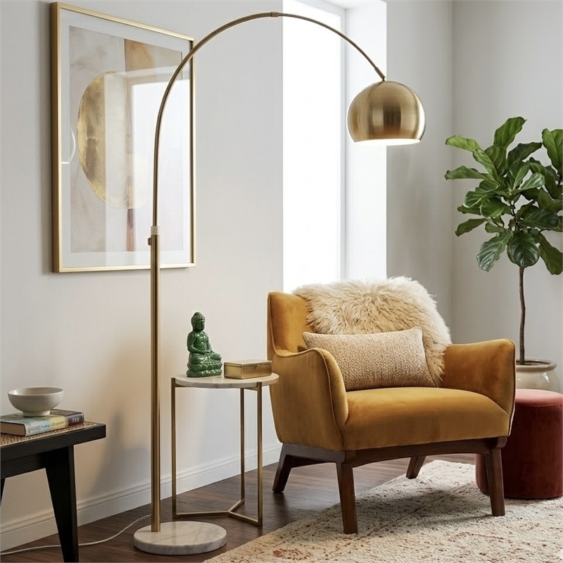 Luminous Elegance Long Arm White Marble&Metal Floor Lamp