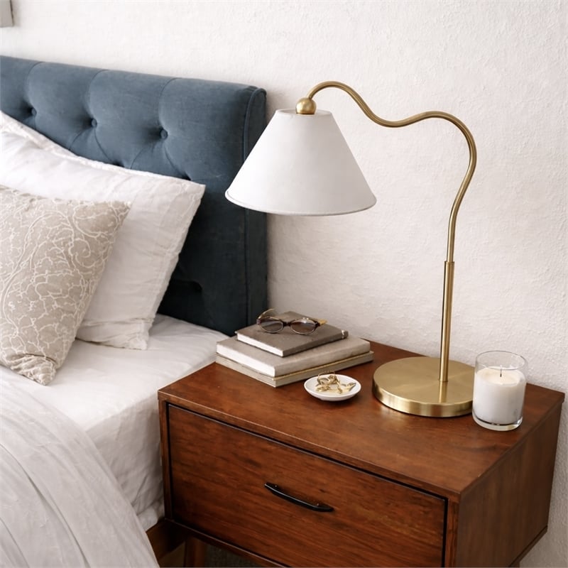 Stellar Shine Brass Ring Base Curved Brass & Metal Table Lamp
