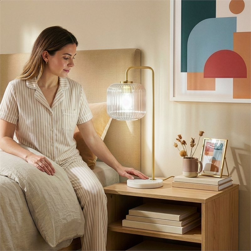 Brilliant Glow Clear Glass White Marble Table Lamp