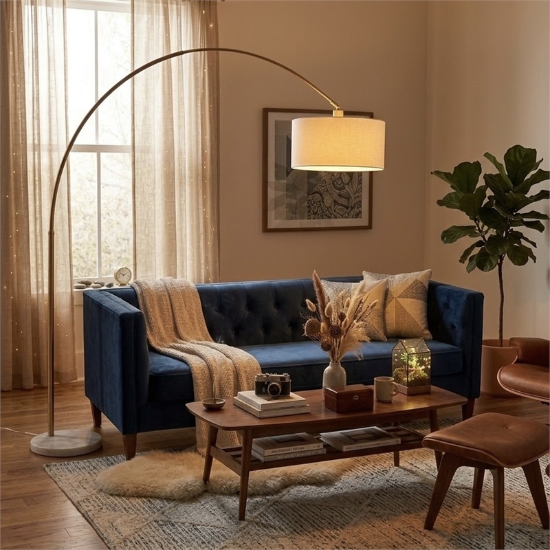 Illuminated Symphony Arch Gold Brass & White Marble Floor Lamp