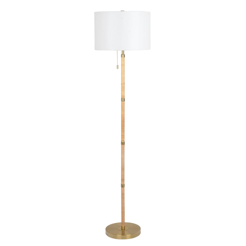 Radiant Horizon Wood Rattan Tube Gold Metal Brass Floor Lamp