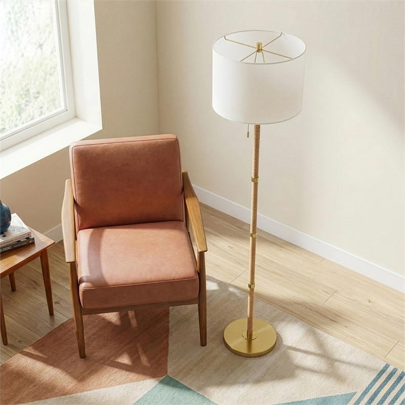 Radiant Horizon Wood Rattan Tube Gold Metal Brass Floor Lamp
