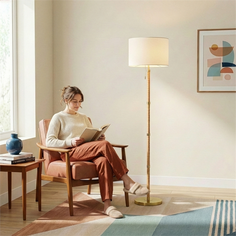 Radiant Horizon Wood Rattan Tube Gold Metal Brass Floor Lamp