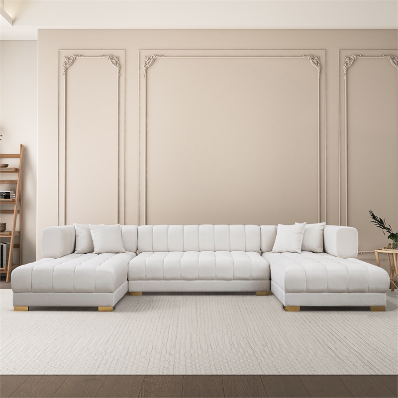 Luna Mid-Century Modern U-Shape Ivory Velvet Corner Sectional Sofa