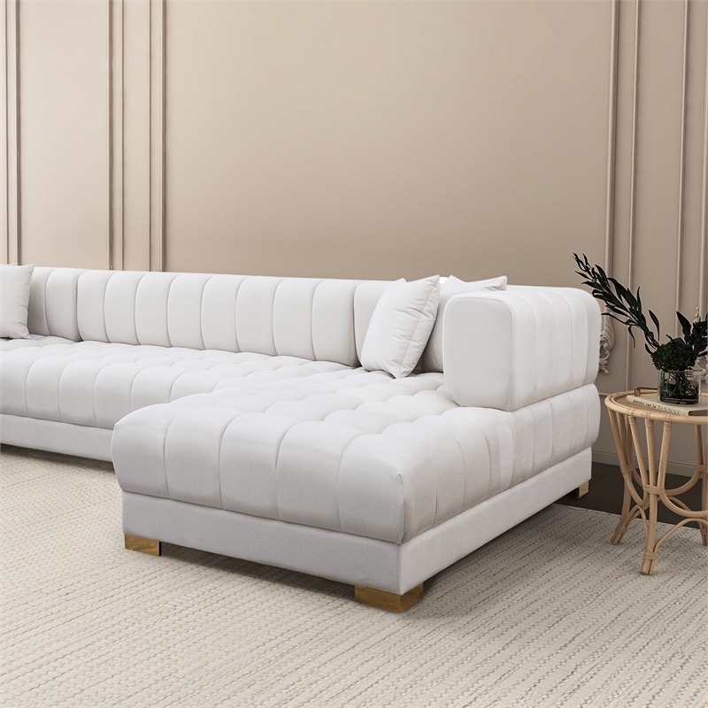 Luna Mid-Century Modern U-Shape Ivory Velvet Corner Sectional Sofa