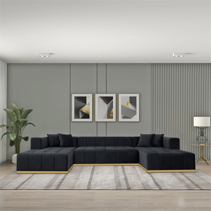Sienna Mid-Century Modern U-Shaped Velvet Corner Sectional Sofa in Black